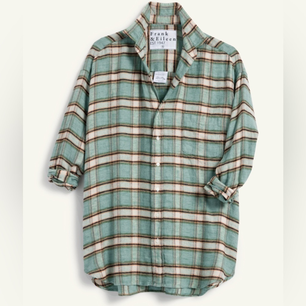 Frank & Eileen Shirley Flannel Linen Green Sand Plaid Oversized BNWT S